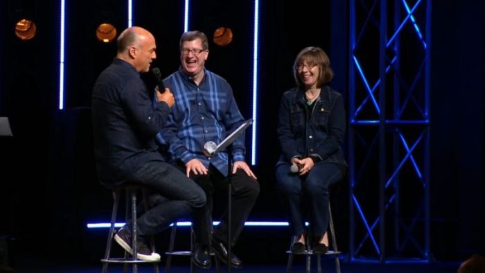 Greg Laurie (L) interviewing Lee Strobel (C) and Leslie Strobel (R) in March 2017 for 'The Case for Christ.'