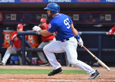 New York Mets designated hitter Tim Tebow (97) grounds into a double play that resulted in a run against the Boston Red Sox at First Data Field, Mar. 8, 2017.