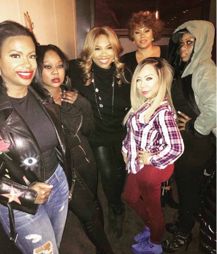 From left: Kandi Burruss, LaTocha Scott, television producers Mona Scott-Young and Stephanie Gayle, Tamika Scott and Tameka 'Tiny' Harris reunite 1990s R&B quartet Xscape after 18 years.