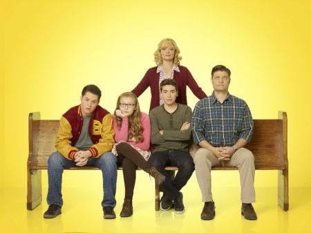 ABC's 'The Real O'Neals' stars Matt Shively as Jimmy, Bebe Wood as Shannon, Martha Plimpton as Eileen, Noah Galvin as Kenny and Jay R. Ferguson as Pat.