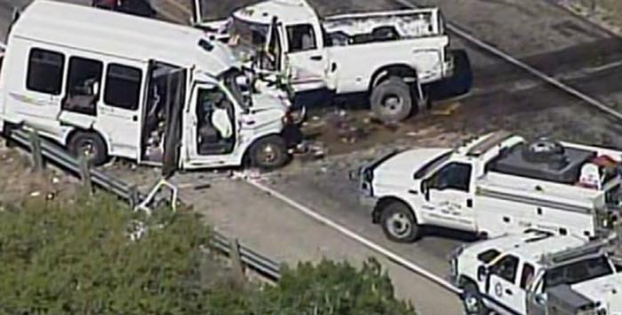 A still image of aerial video is shown of an accident scene involving a Texas church bus carrying senior citizens which crashed head-on with another vehicle about 80 miles (130 km) west of San Antonio, Texas, March 29, 2017.