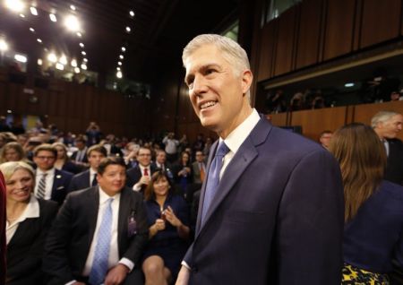 Supreme Court nominee judge Neil Gorsuch arrives for his Senate Judiciary Committee confirmation hearing on Capitol Hill in Washington, U.S., March 20, 2017.