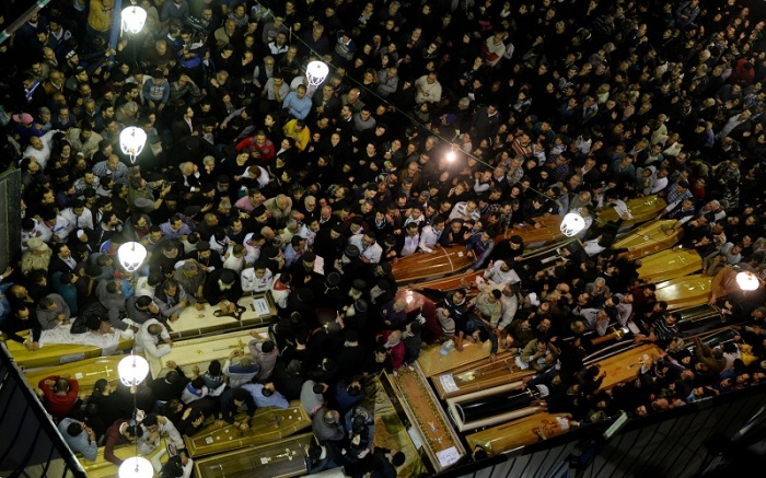 Coffins are seen inside the Coptic church that was bombed on Sunday, in Tanta, Egypt, April 9, 2017.