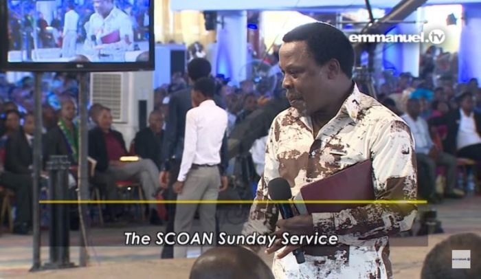 T.B. Joshua seen during a sermon on April 7, 2017, at the The Synagogue Church of all Nations in Lagos, Nigeria.