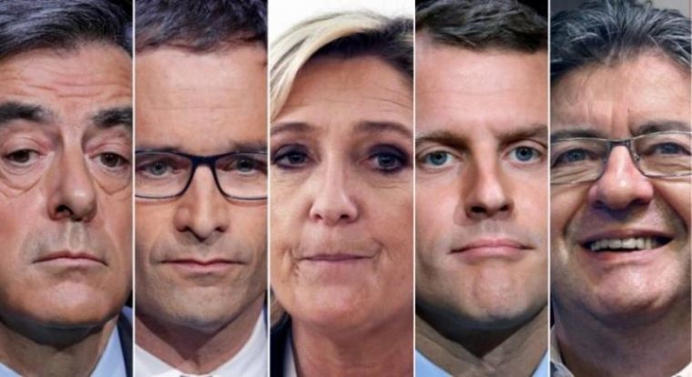 A combination picture shows five candidates for the French 2017 presidential election. From L-R, Francois Fillon, the Republicans political party candidate; Benoit Hamon, French Socialist party candidate; Marine Le Pen, French National Front (FN) political party leader; Emmanuel Macron, head of the political movement En Marche! (Onwards!); and Jean-Luc Melenchon, candidate of the French far-left Parti de Gauche.