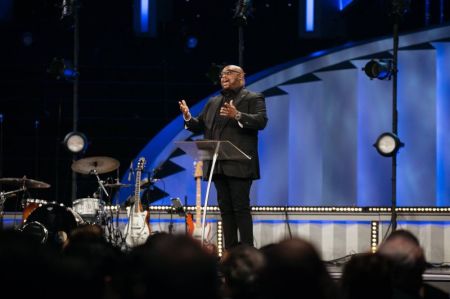 Pastor John Gray addresses the congregation at Lakewood Church in Houston, Texas.