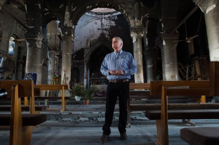 Evangelist Franklin Graham visits a church in Qaraqosh, Iraq that had been destroyed by the Islamic State terrorist organization in this photo that was posted to Facebook on April 16, 2017.