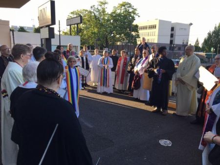 A gathering of members of the United Methodist Queer Clergy Caucus, which advocates for the United Methodist Church to become more accepting of the LGBT community.