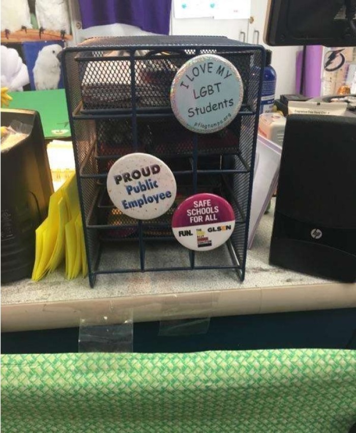 Buttons hang from a desk organizer in Lora Jane Riedas' classroom at Riverview High School in Riverview, Florida in this undated photo.