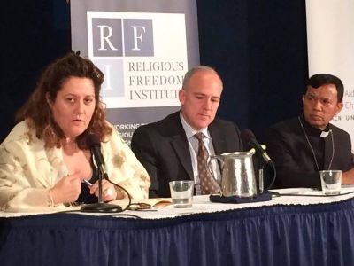 Scholars Elizabeth H. Prodromou (left) and Daniel Philpott (center), with Archbishop Sebastian Francis Shaw of Lohore, Pakistan, speaking at the release of 'In Response to Persecution' at the National Press Club in Washington, D.C. on April 20, 2017.