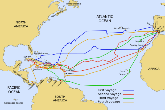 Christopher Columbus' maritime expeditions during 1492 to 1504 to the Caribbean Islands and coast of Central America in North America.