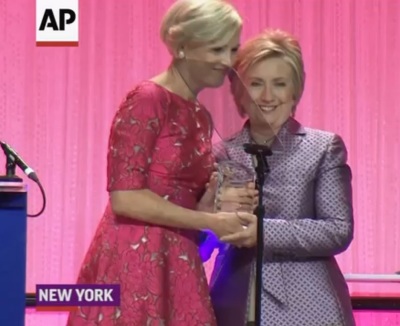 Hillary Clinton (R) receiving the 'Champion of the Century' award at the Planned Parenthood 100 Years Gala in New York, U.S., May 2, 2017.