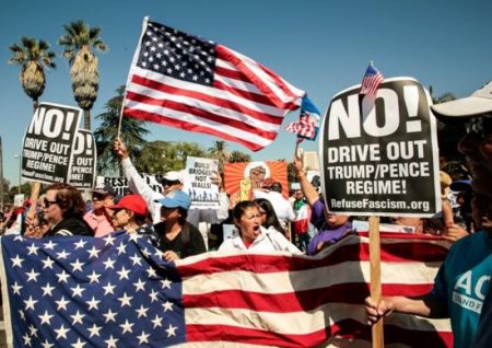 Protesters gather at McArthur Park for the May Day protest march in Los Angeles, California, on May 1, 2017.