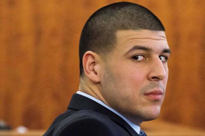 Aaron Hernandez looks at the gallery during his murder trial in Fall River, Massachusetts. The former New England Patriots football star hanged himself in the jail cell where he was serving a life sentence for murder.