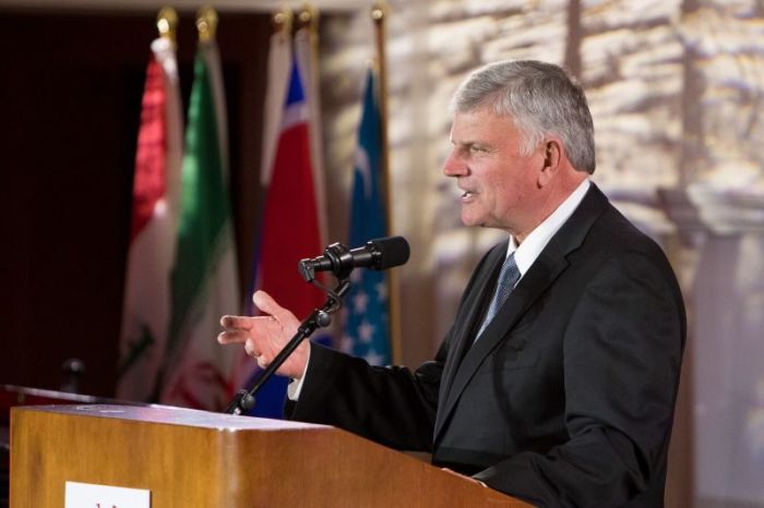 Franklin Graham, president of the Billy Graham Evangelistic Association and the international Christian relief organization Samaritan's Purse, delivers a keynote address during the opening session of the World Summit in Defense of Persecuted Christians at the Mayflower Hotel in Washington, D.C. on May 10, 2017.