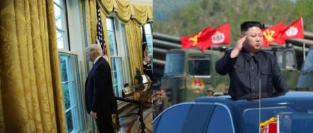 (L) U.S. President Donald Trump looks out a window of the Oval Office at the White House in Washington, U.S., April 27, 2017. (R) North Korea's leader Kim Jong Un watches a military drill marking the 85th anniversary of the establishment of the Korean People's Army (KPA) on April 26, 2017.