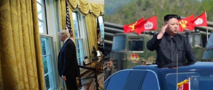 (L) U.S. President Donald Trump looks out a window of the Oval Office at the White House in Washington, U.S., April 27, 2017. (R) North Korea's leader Kim Jong Un watches a military drill marking the 85th anniversary of the establishment of the Korean People's Army (KPA) on April 26, 2017.