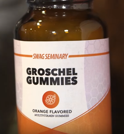 A bottle of 'Groschel Gummies,' as seen in a YouTube comedy sketch.