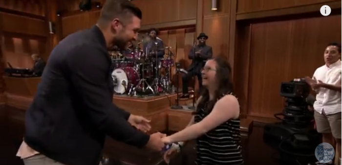 Tim Tebow dances with fan Judy Adams on 'The Tonight Show Starring Jimmy Fallon' in New York City, May 17, 2017.