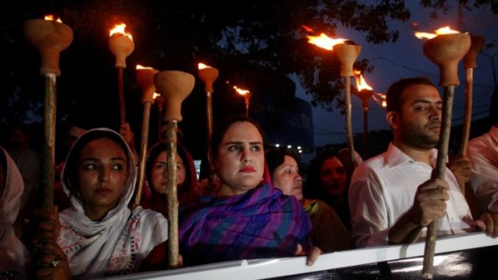 Protesters gather to condemn the killing of university student Mashal Khan, after he was accused of blasphemy, during a protest in Peshawar, Pakistan, on April 20, 2017.