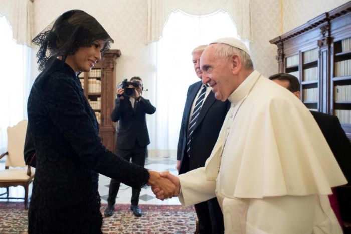 Pope Francis shakes hands with first lady Melania Trump during a private audience at the Vatican, Rome, Italy, on May 24, 2017.