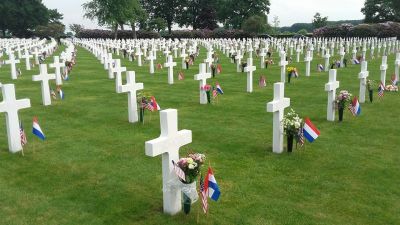 The Netherlands American Cemetery where 8,301 American soldiers who were killed in Europe during World War II are buried. Every grave has been adopted by a Dutch family, many for 70 years, and there is a waiting list to become an adoptee of a soldier's grave or name on the Wall of the Missing, Margraten, May 28, 2017.