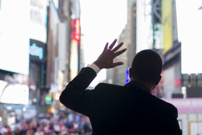 Dimas Salaberrios shares his testimony to thousands in attendance during Jesus Week in Times Square, New York City, June 3, 2017.