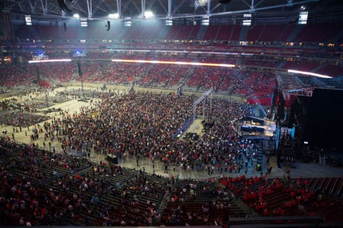 Thousands respond to the call to accept Jesus Christ at Harvest America at the University of Phoenix Stadium on June 11, 2017.