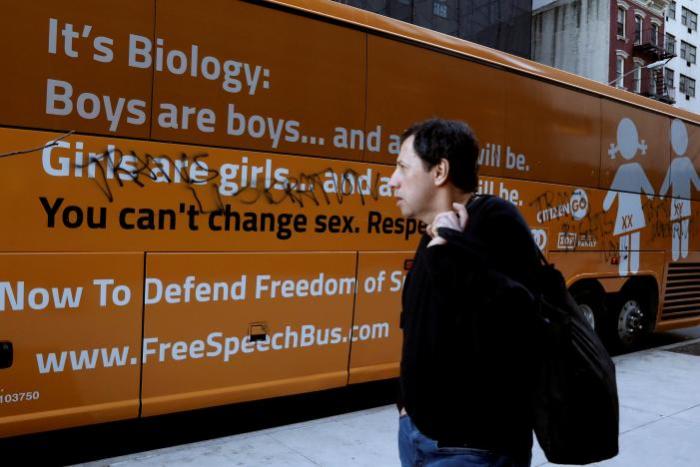 A man looks at the damage to the 'Free Speech Bus,' after it was attacked near the United Nations Headquarters in New York City, U.S., March 23, 2017.