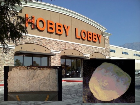 A Hobby Lobby store and samples of smuggled artifacts, a cuneiform tablet (L) and a clay bullae (R), seized by the U.S. government.