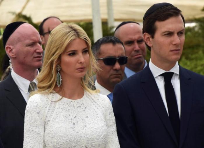 White House senior advisor Jared Kushner and his wife Ivanka Trump listen to U.S. President Donald Trump speak to the media at the Yad Vashem Holocaust Museum in Jerusalem May 23, 2017.