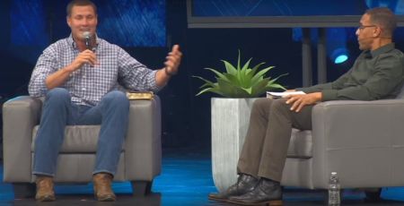 Philip Rivers (left) talks about his deep devotion to his faith and his family with Rock Church's Pastor Miles McPherson.