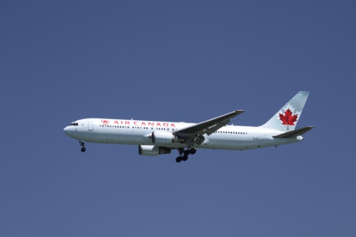 An Air Canada Boeing 767-300ER lands at San Francisco International Airport, San Francisco, California.