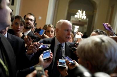 Sen. John McCain (R-AZ) speaks with reporters about the Senate health care bill on Capitol Hill in Washington, U.S., July 13, 2017.