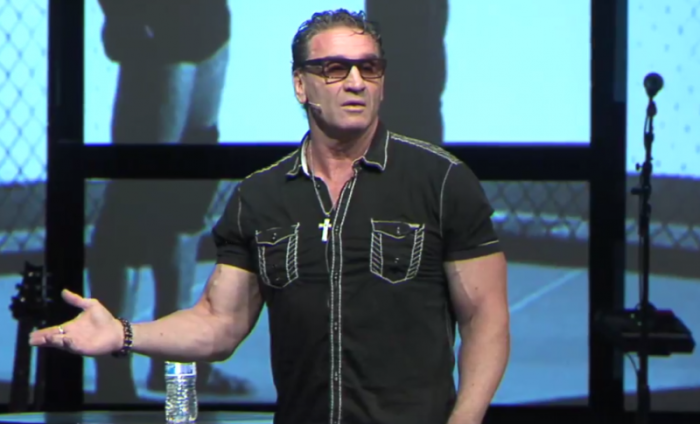 Former MMA fighter and WWE professional wrestler Ken Shamrock sharing his testimony at Valley Bible Fellowship in Bakersfield, California on Sunday, July 16, 2017.