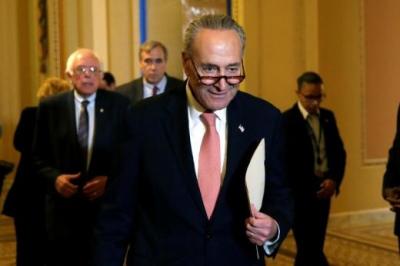 U.S. Senate Minority Leader Chuck Schumer (D-NY) arrives to talk to the media on the president's FY2018 budget proposal, June 25, 2017.