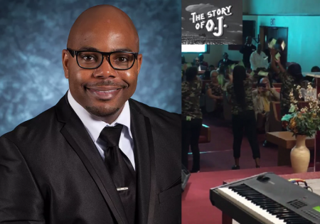 The Rev. Marcus Murchinson (L) of Tree of Life Missionary Baptist Church in Los Angeles, California. Congregants watch as three young females perform Jay-Z's 'The Story of OJ' (inset) from the rapper's platinum studio album, 4:44 ahead of Murchinson's sermon on Sunday July 30, 2017.