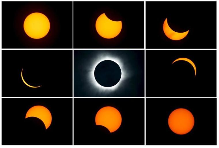 A combination photograph shows the beginning (top L) to the end (top L to bottom R) of a total solar eclipse as seen from the beach of Ternate Island, Indonesia, March 9, 2016.