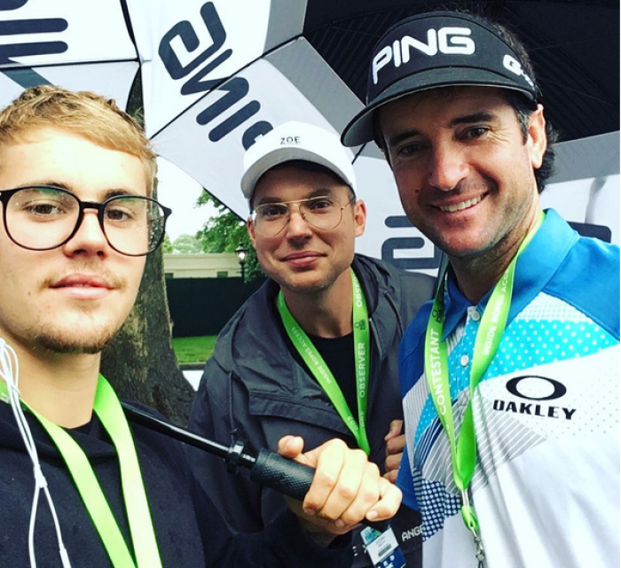 Justin Bieber with Pastor Judah Smith and professional golfer Bubba Watson at the Quail Hollow Club in Charlotte, North Carolina, on August 8, 2017.