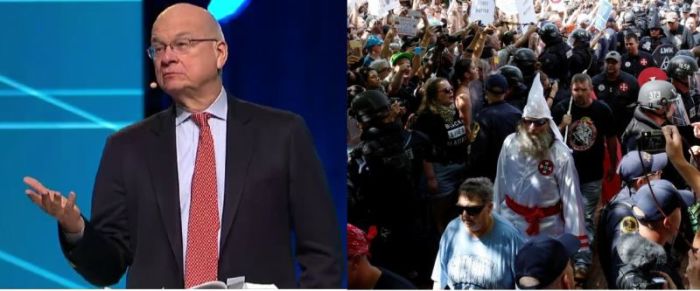 Tim Keller, senior pastor of Redeemer Presbyterian Church in Manhattan, (L), gives remarks at The Gospel Coalition Conference in Indianapolis, Indiana, on Wednesday, April 5, 2017. (R) Riot police protect members of the Ku Klux Klan from counter-protesters as they arrive to rally in opposition to city proposals to remove or make changes to Confederate monuments in Charlottesville, Virginia, August 12, 2017.