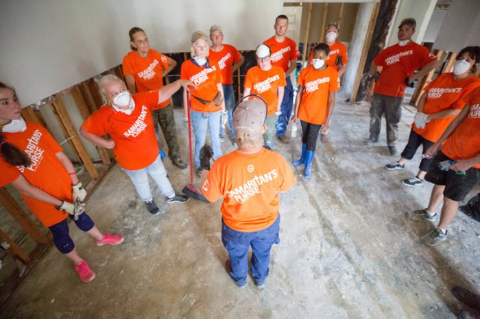 Samaritan's Purse volunteers gather to work at a flood-damaged home in Southeast, Texas in this undated photo from 2017.