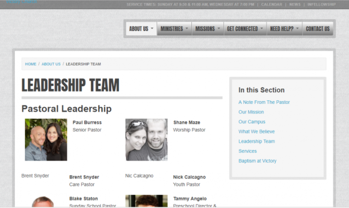 A March 21, 2017 screen shot of Victory Church's website is the most recent publication showing Paul Burress as senior pastor.
