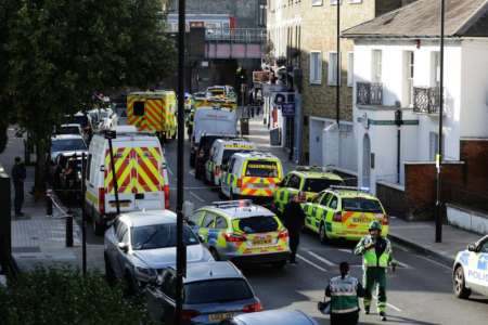 Police vehicles line the street near Parsons Green tube station in London, Britain September 15, 2017.