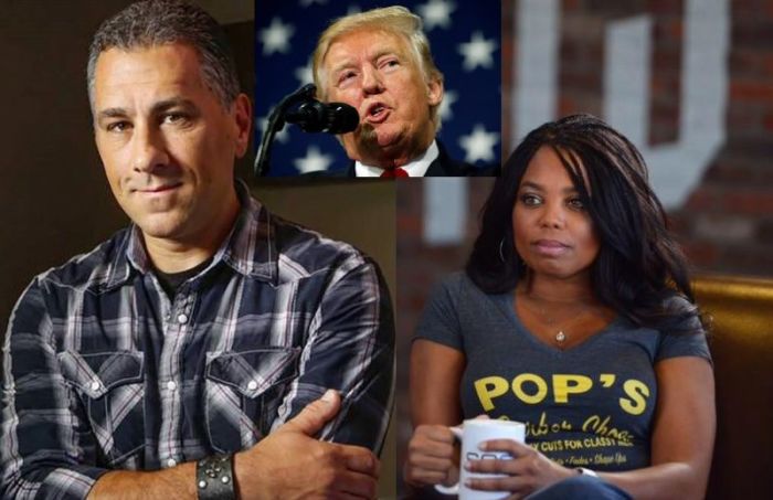 Pastor John Pavlovitz (L), ESPN host Jemele Hill (R) and President Donald Trump (inset).