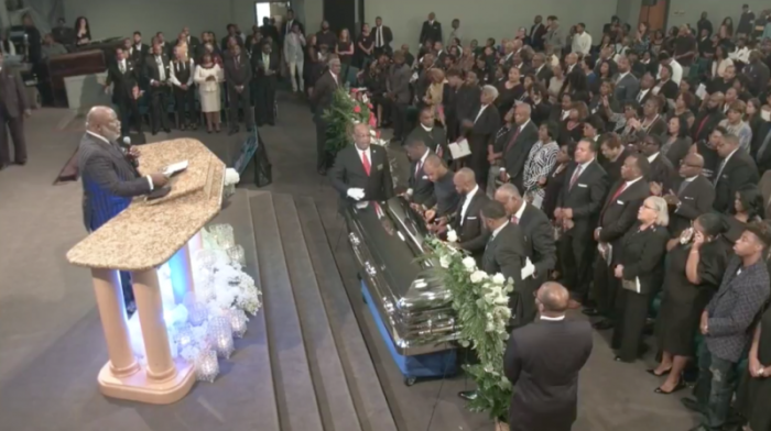 Bishop T.D. Jakes (podium) presides over the memorial service of the late JoeNell Summerfield of Word of God Fellowship Church and Academy in Raleigh, North Carolina, on Monday, September 18, 2017.