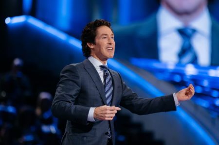 Joel Osteen preaches at Lakewood Church in Houston, Texas, in April 2017.