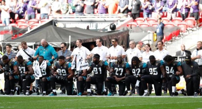 Some NFL players with the Jacksonville Jaguars took a knee during the playing of the National Anthem but stood for 'God Save the Queen' at Wembley Stadium in London, England, September 24, 2017.