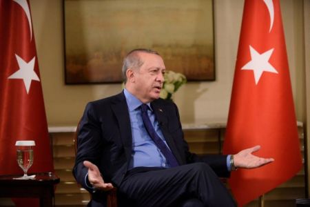 Turkish President Tayyip Erdogan gestures during an interview with Reuters Editor-in-Chief Steve Adler and Reuters Chief Correspondent Parisa Hafezi at The Peninsula hotel on the sidelines of the United Nations General Assembly in Manhattan, New York, U.S. September 21, 2017.