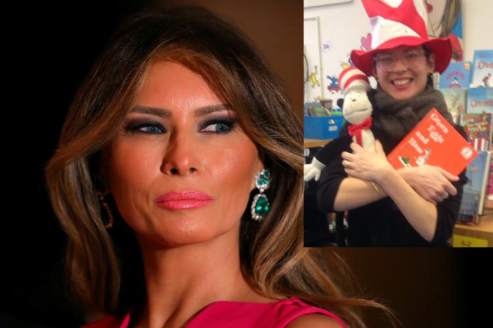 First Lady Melania Trump and U.S. President Donald Trump (not pictured) attend the 60th Annual Red Cross Gala at Mar-a-Lago club in Palm Beach, Florida, U.S., February 4, 2017; Massachusetts librarian Liz Phipps Soeiro (Inset).