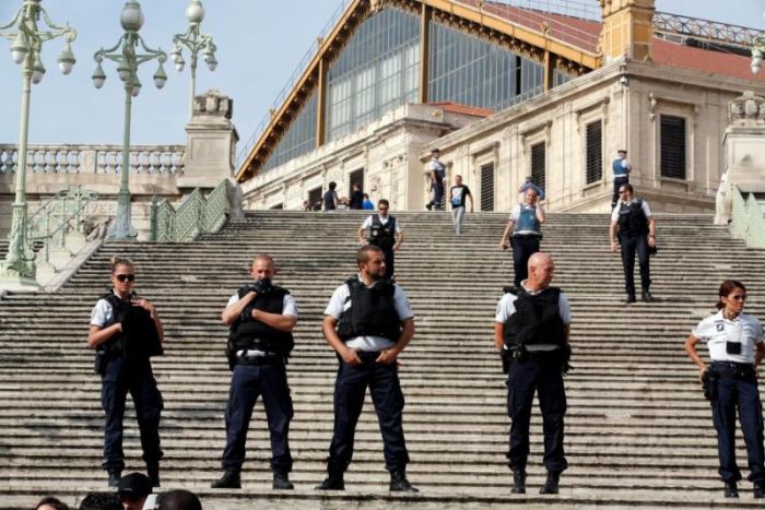 Police secure the area outside the Saint-Charles train station after French soldiers shot an killed a man after he stabbed two women to death at the main train station in Marseille, France, October 1, 2017.